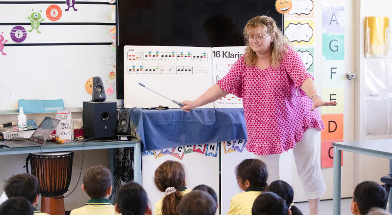 Teacher leading her music lesson in the classroom at St Angela's Primary School Castle Hill
